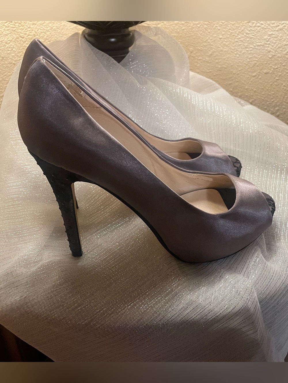 Caparros Satin Peep-Toe High Heels in Metallic Gray